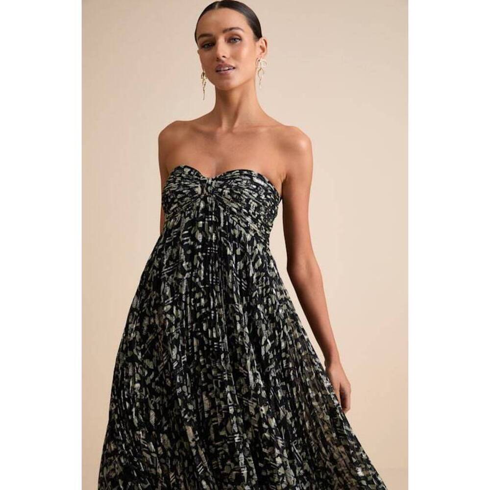 Lulus Lynwen Black Abstract Pleated Strapless Maxi Dress - Size S.